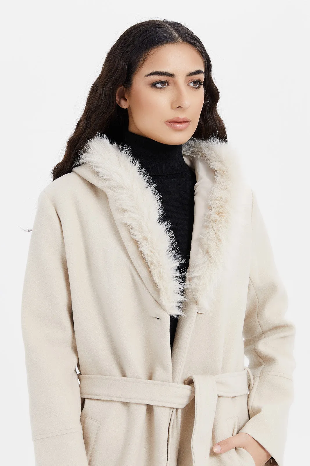 Women Ecru Faux Fur Belted Coat