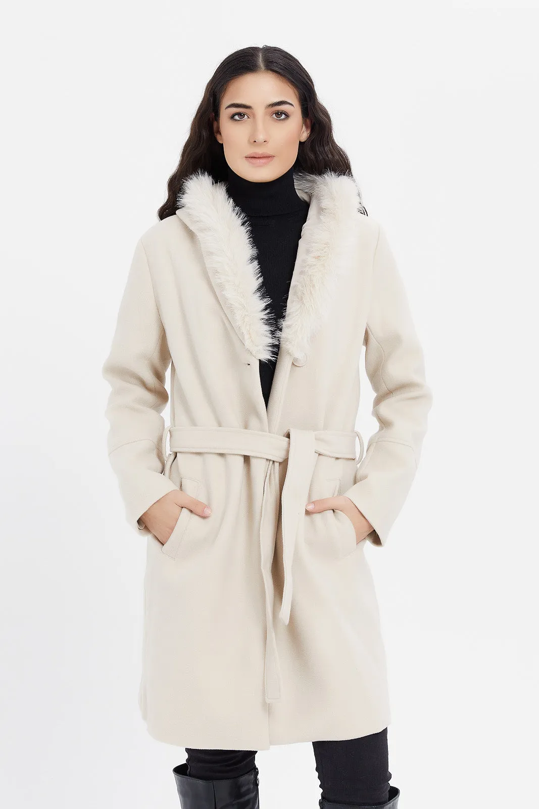 Women Ecru Faux Fur Belted Coat