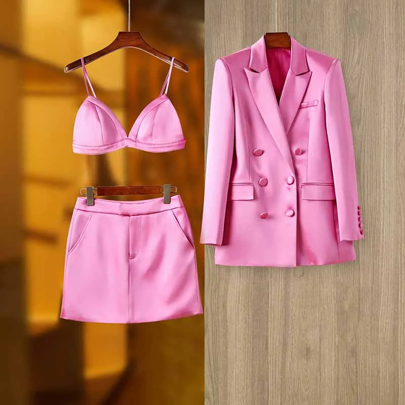 Women Loose Pink Set fit Blazer   Bra   Mini Skirt 3 Pieces Suit