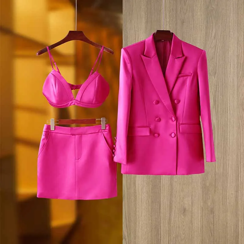 Women Loose Pink Set fit Blazer   Bra   Mini Skirt 3 Pieces Suit