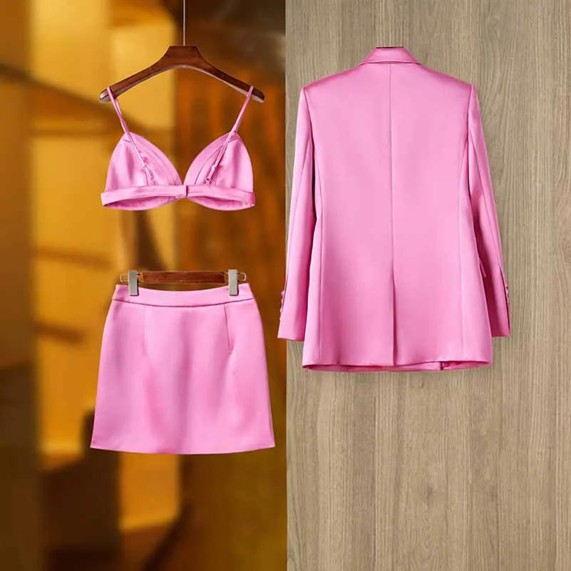 Women Loose Pink Set fit Blazer   Bra   Mini Skirt 3 Pieces Suit