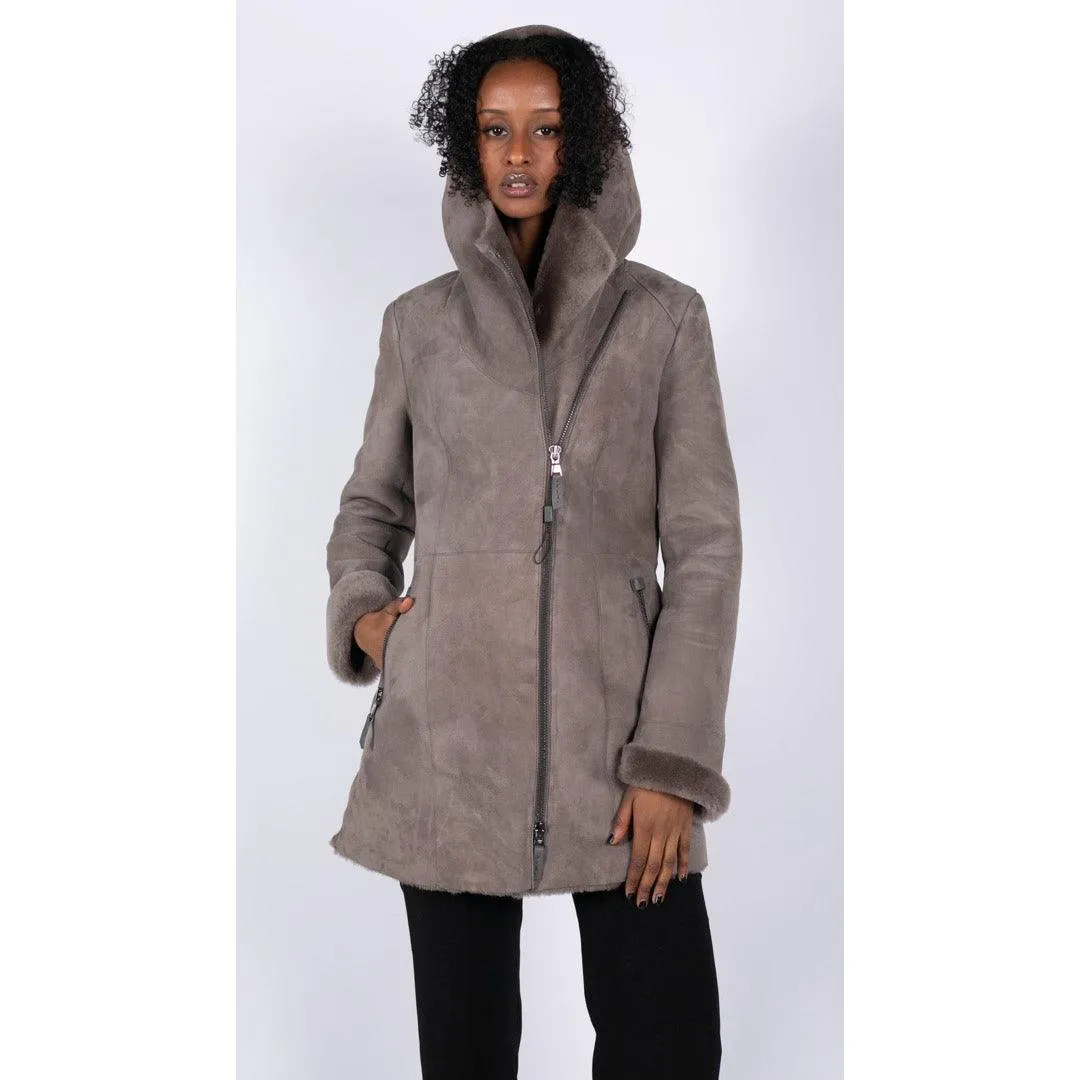 Womens 3/4 Mid Length Real Sheepskin Beige Vintage Toscana Suede Hood Coat