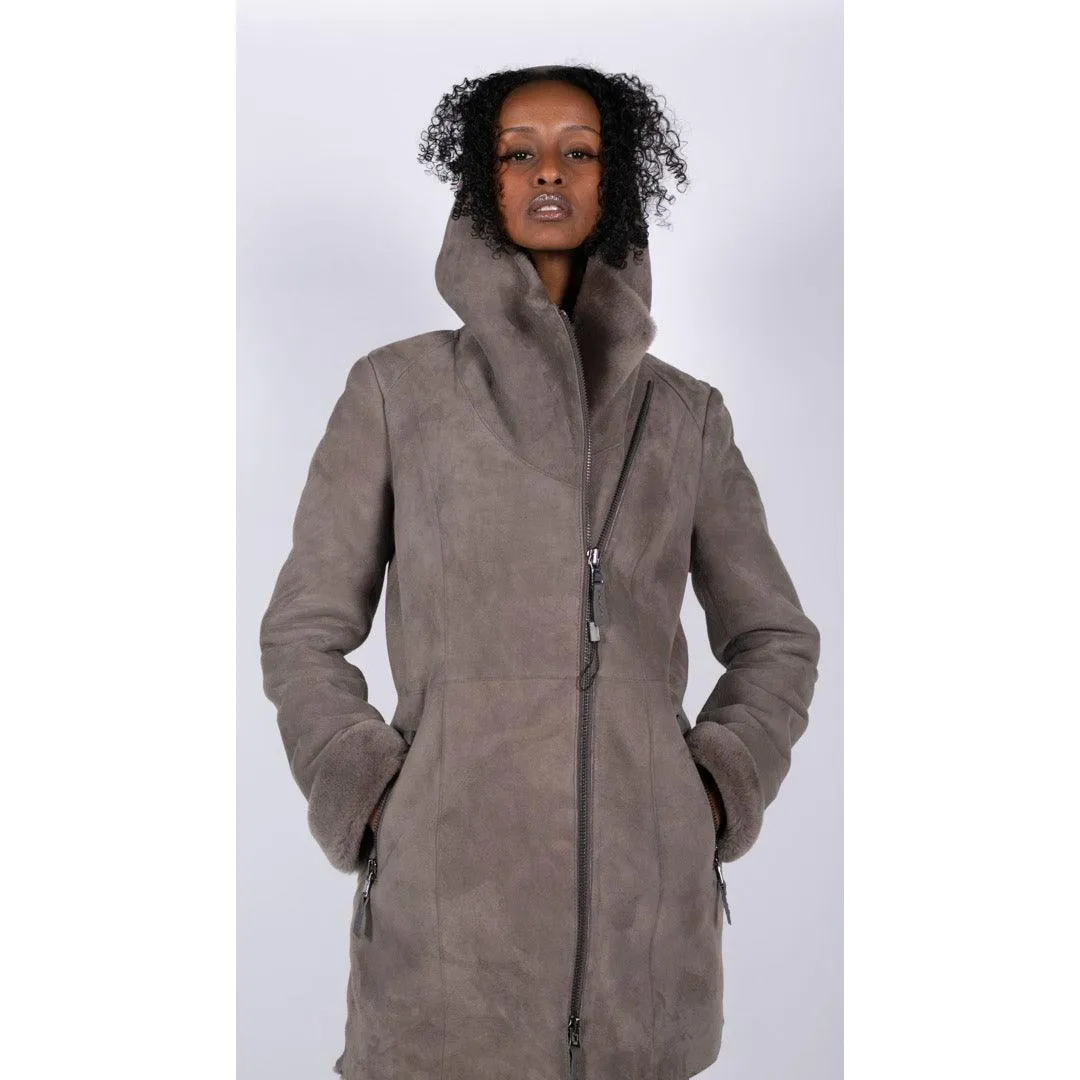 Womens 3/4 Mid Length Real Sheepskin Beige Vintage Toscana Suede Hood Coat