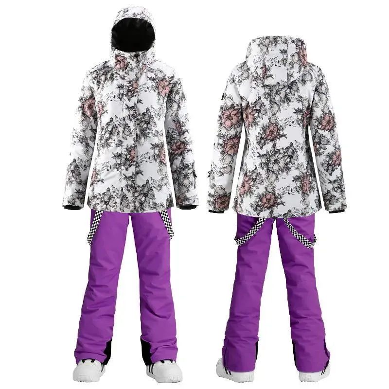 Women's Floral Ski Jacket & Matched Bibs Pants Set