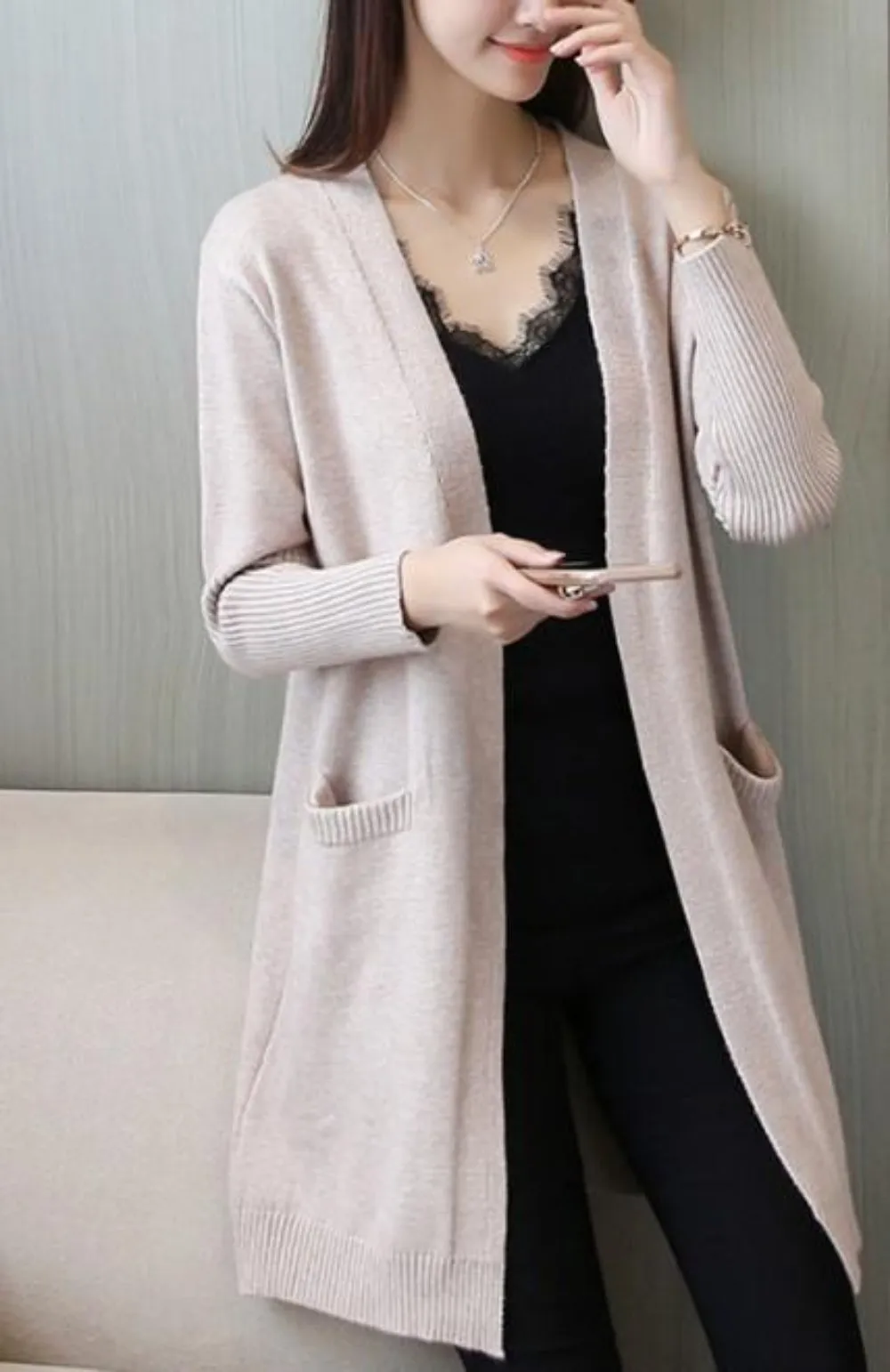 Womens Mid Length Knitted Open Cardigan