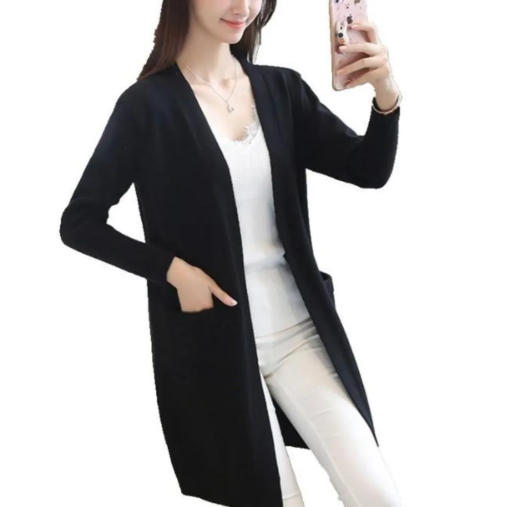 Womens Mid Length Knitted Open Cardigan