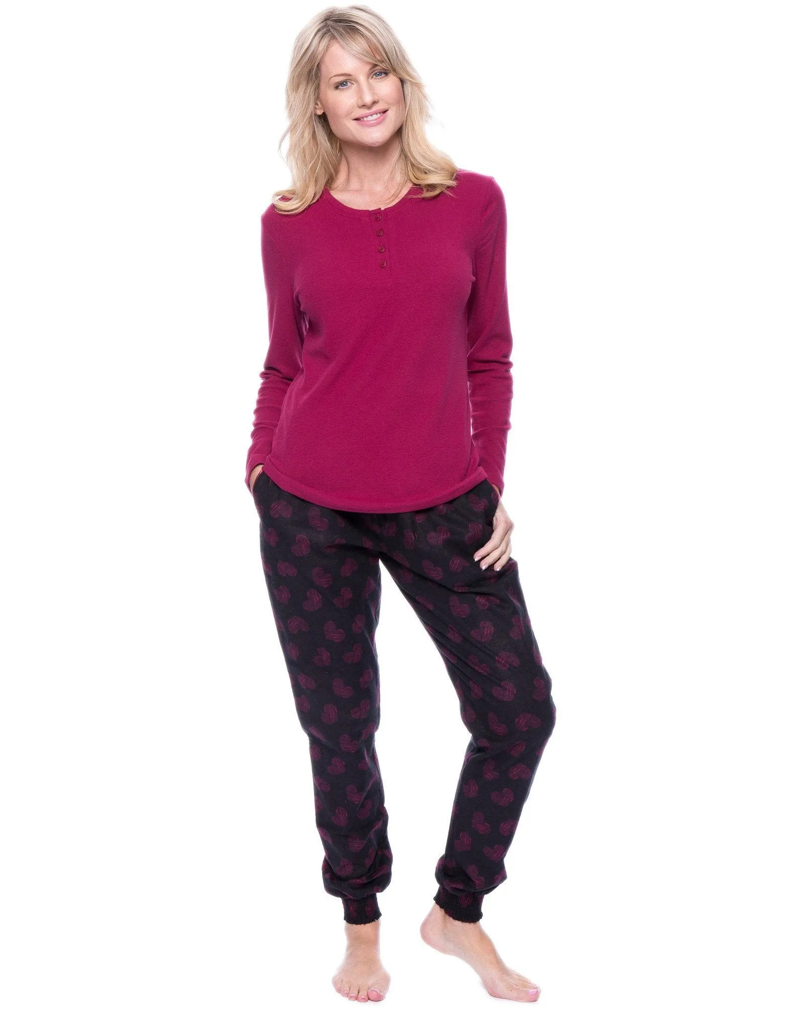 Women's Premium Flannel Jogger Lounge Set - Hearts Black/Red