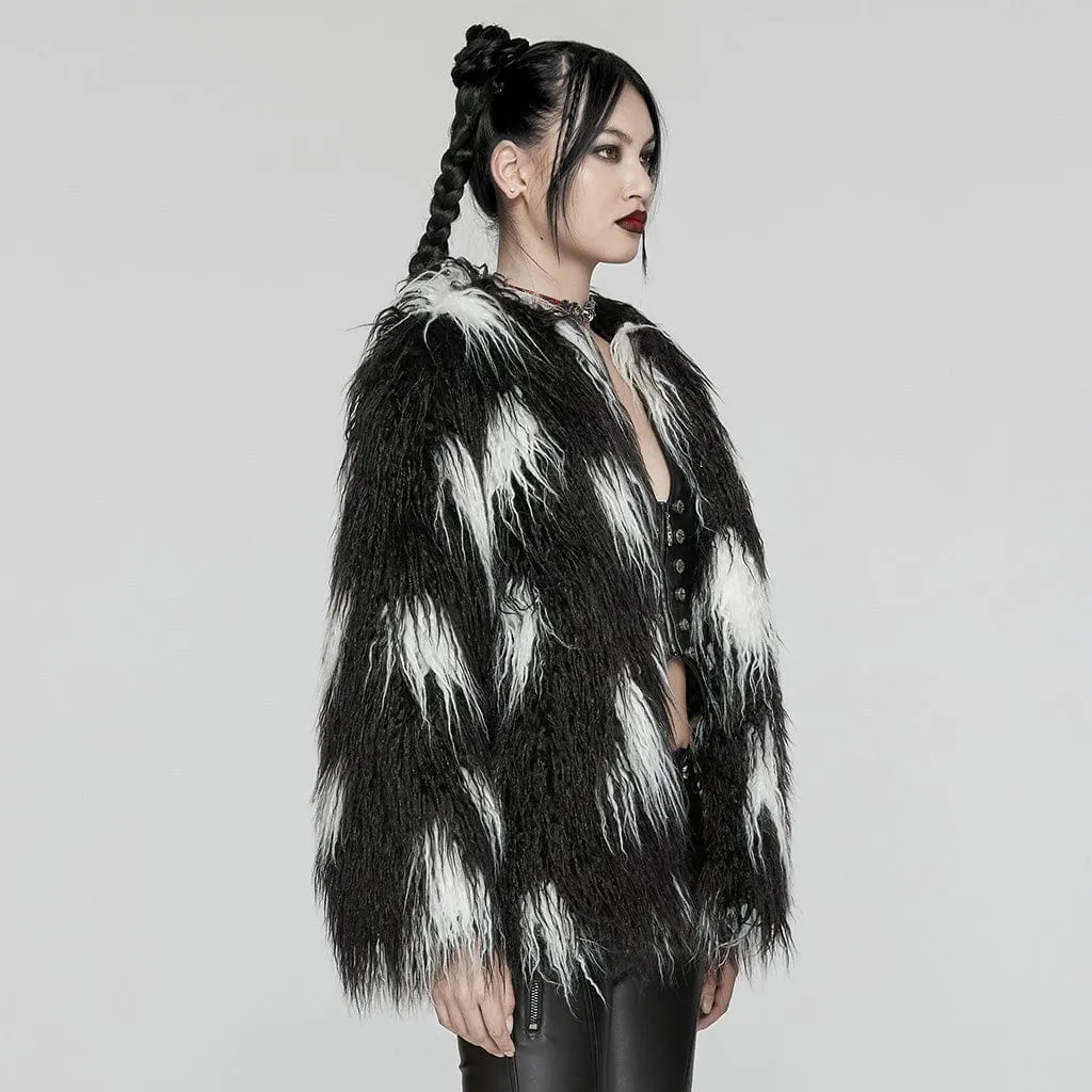 Women's Punk Contrast Color Faux Fur Coat Black-white