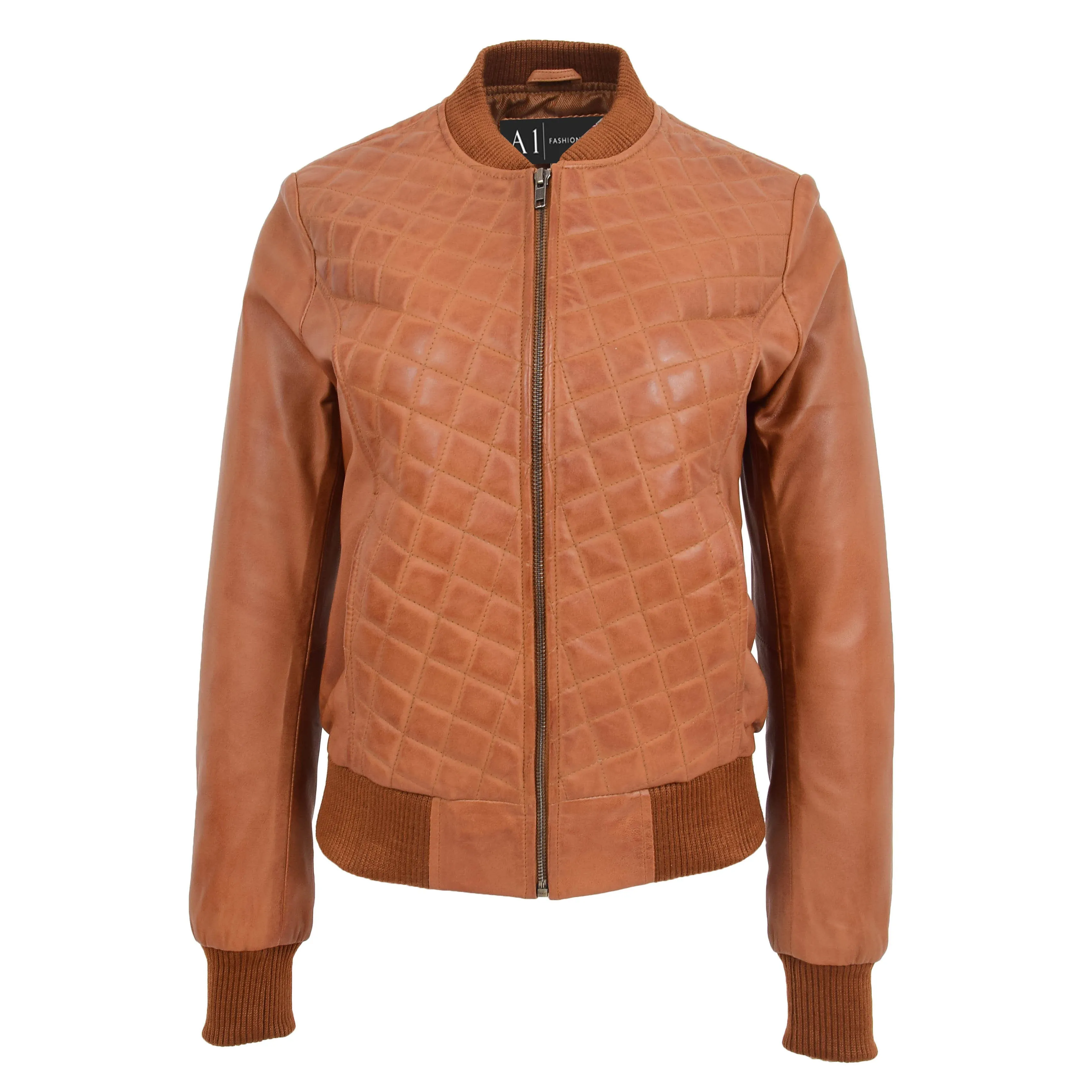 Womens Real Leather Bomber Jacket Tan Diamond Quilted Fitted Varsity Storm