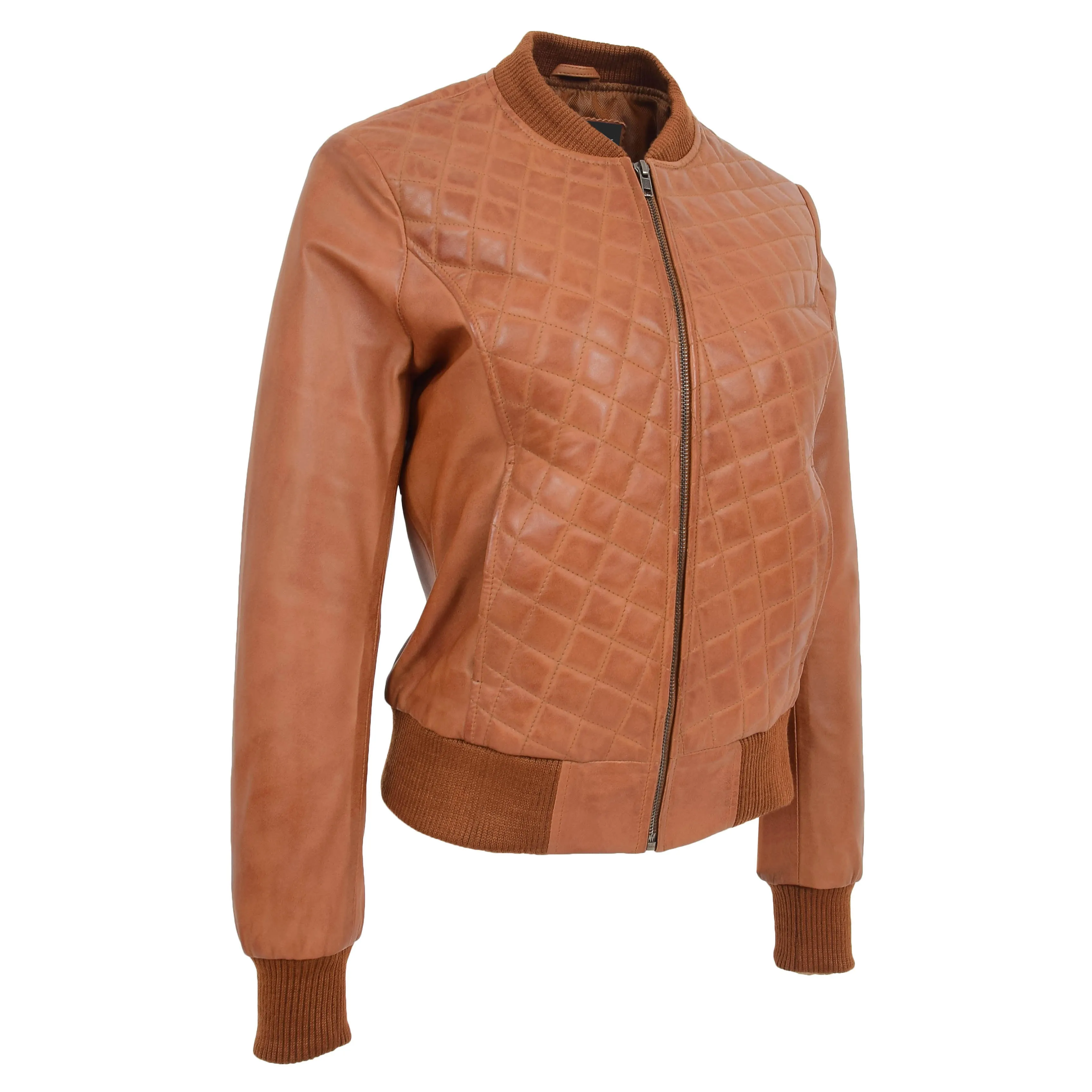 Womens Real Leather Bomber Jacket Tan Diamond Quilted Fitted Varsity Storm