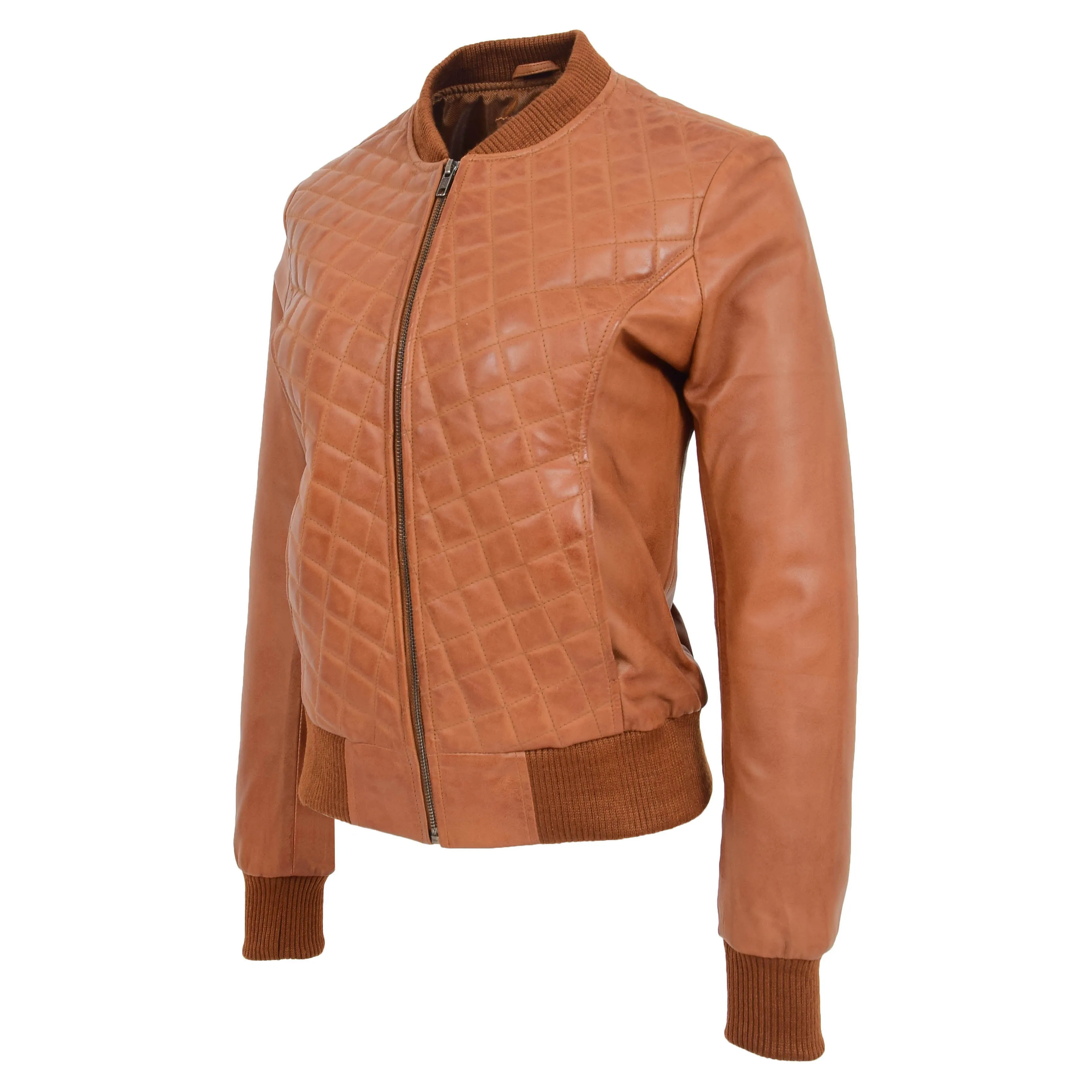 Womens Real Leather Bomber Jacket Tan Diamond Quilted Fitted Varsity Storm