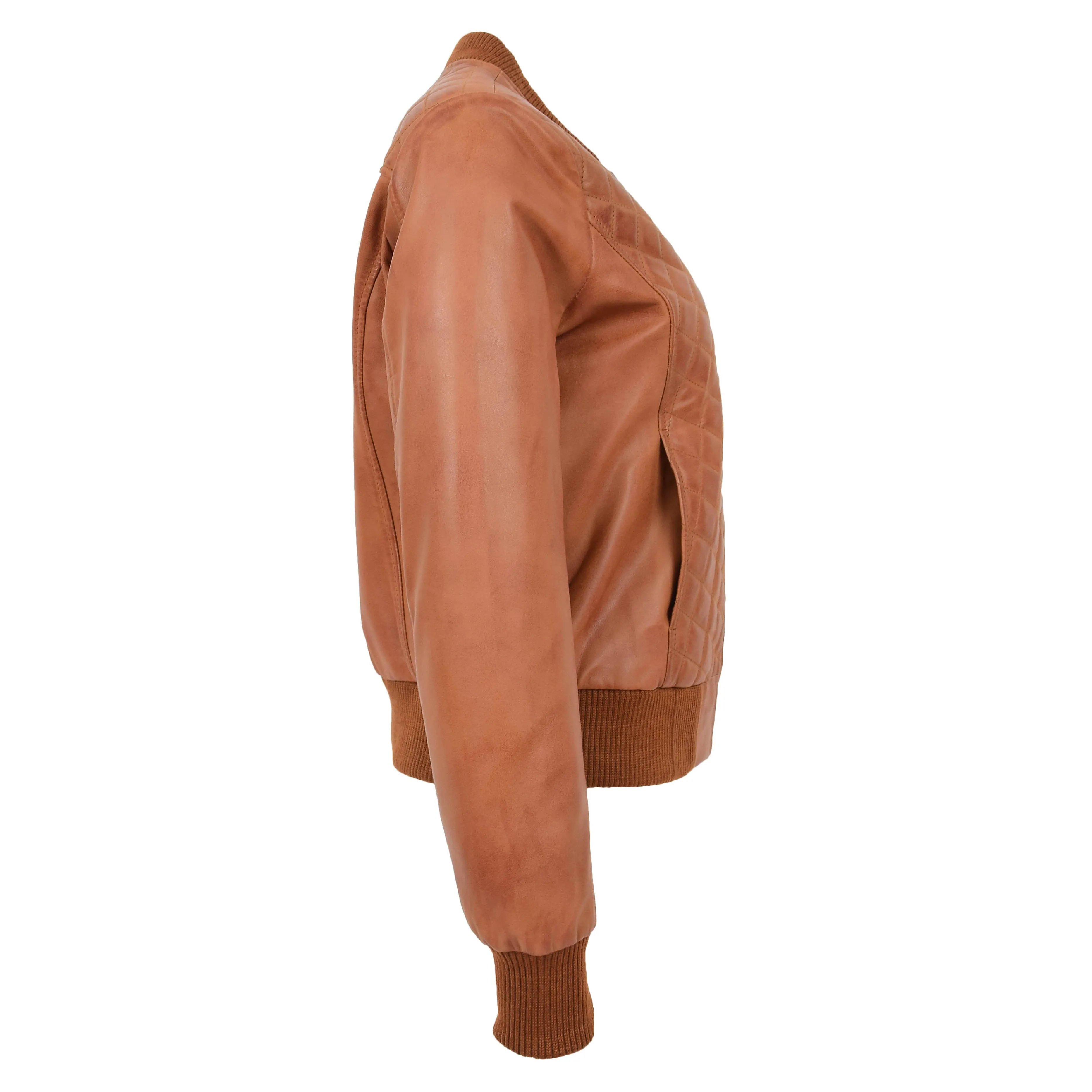 Womens Real Leather Bomber Jacket Tan Diamond Quilted Fitted Varsity Storm