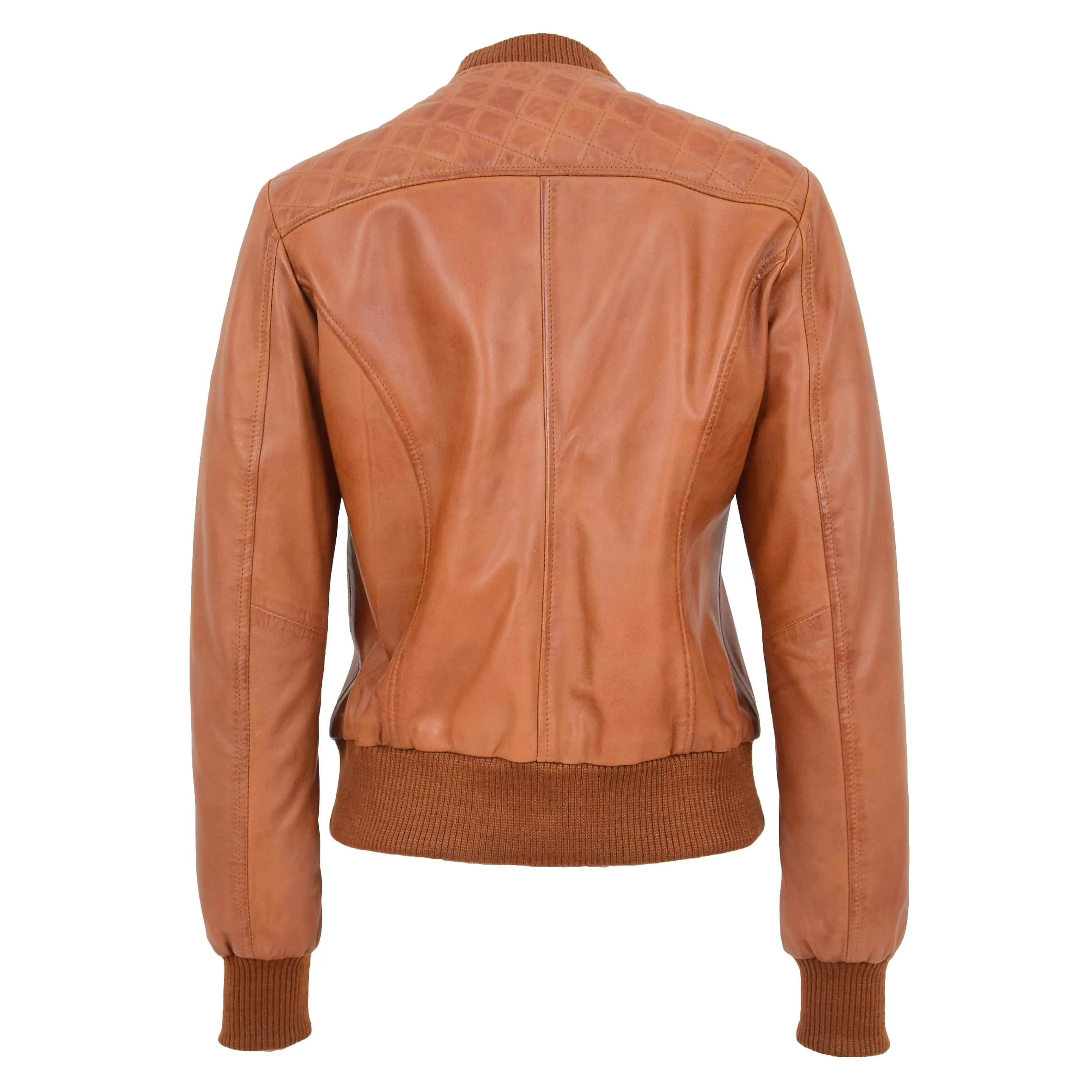 Womens Real Leather Bomber Jacket Tan Diamond Quilted Fitted Varsity Storm