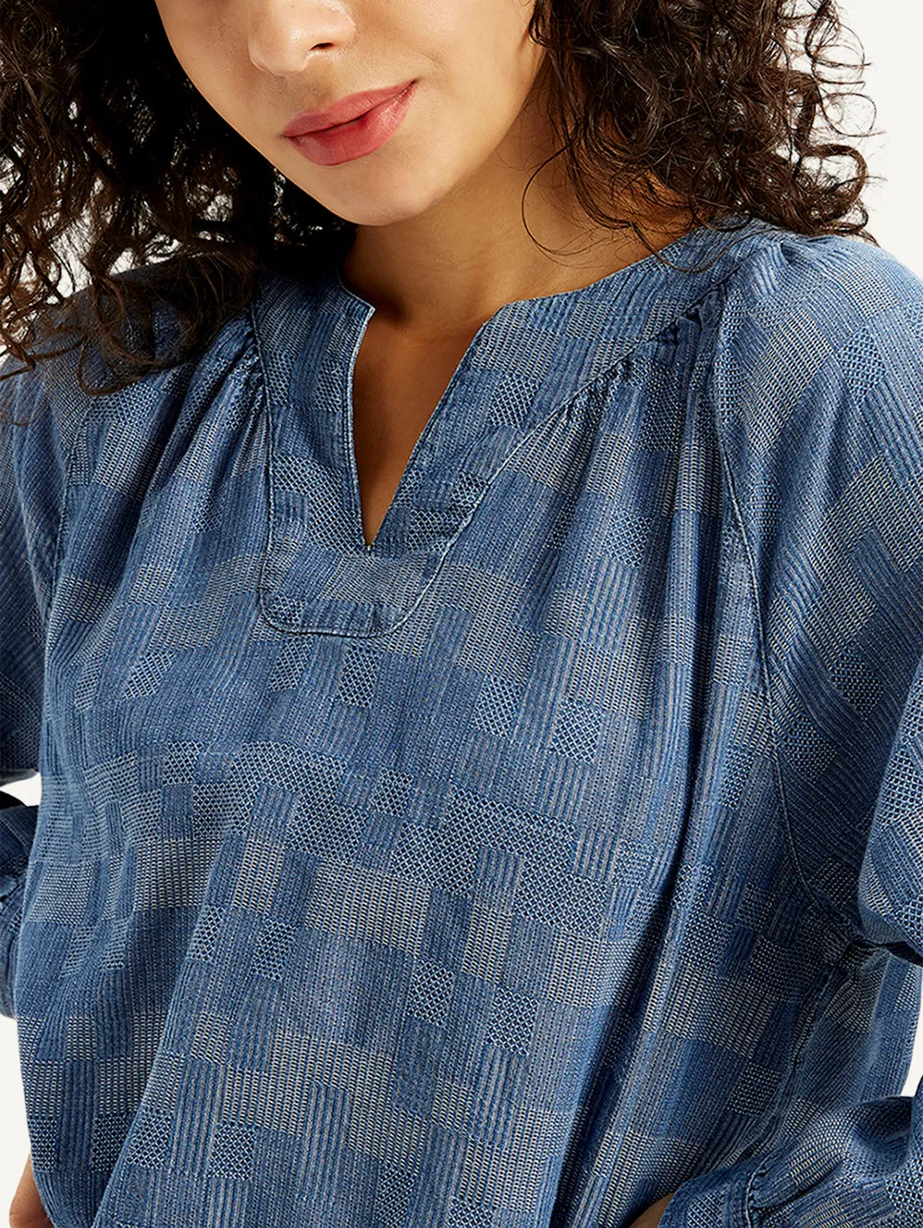 Women's Textured Blue Peasant Top