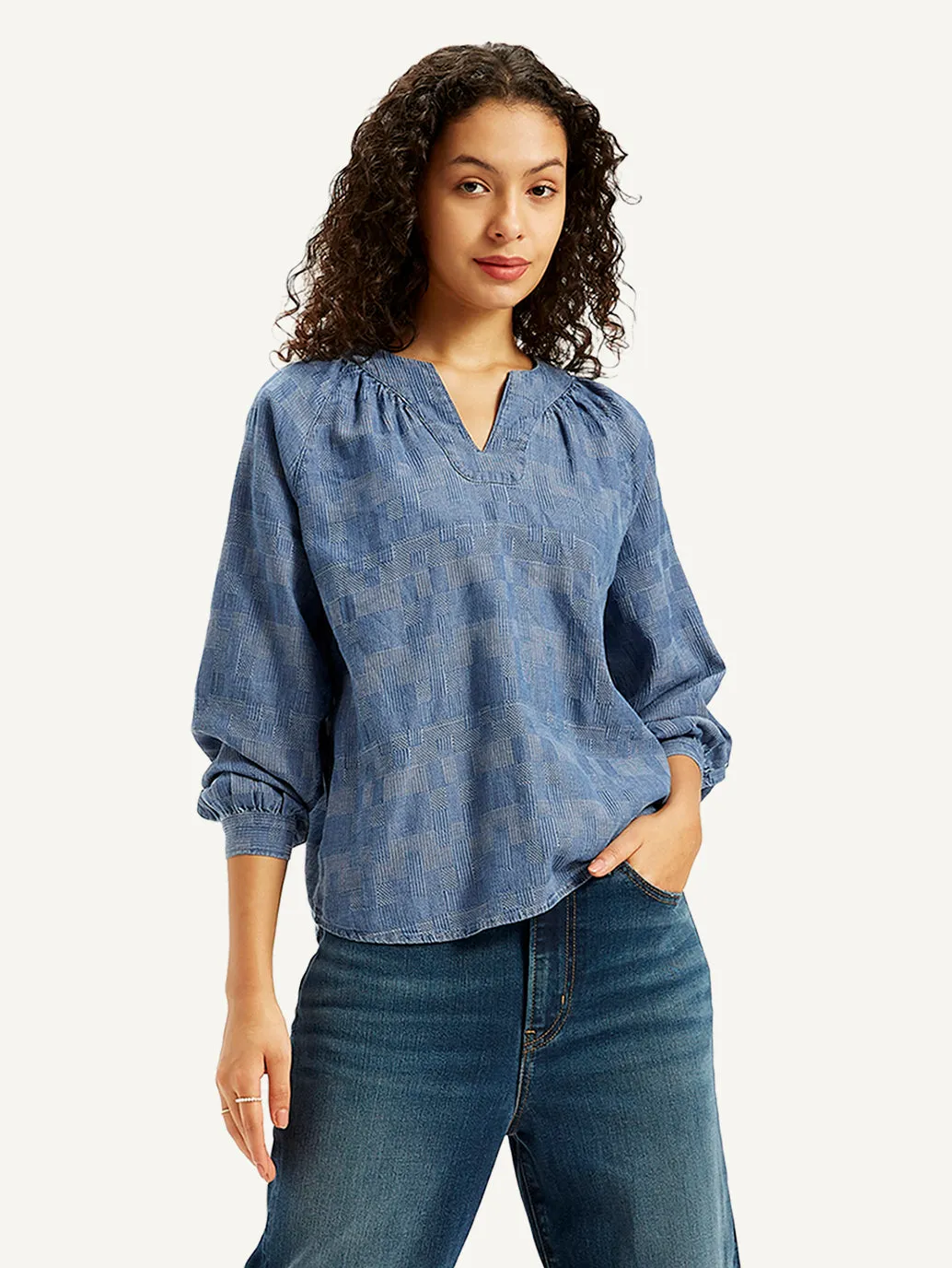 Women's Textured Blue Peasant Top