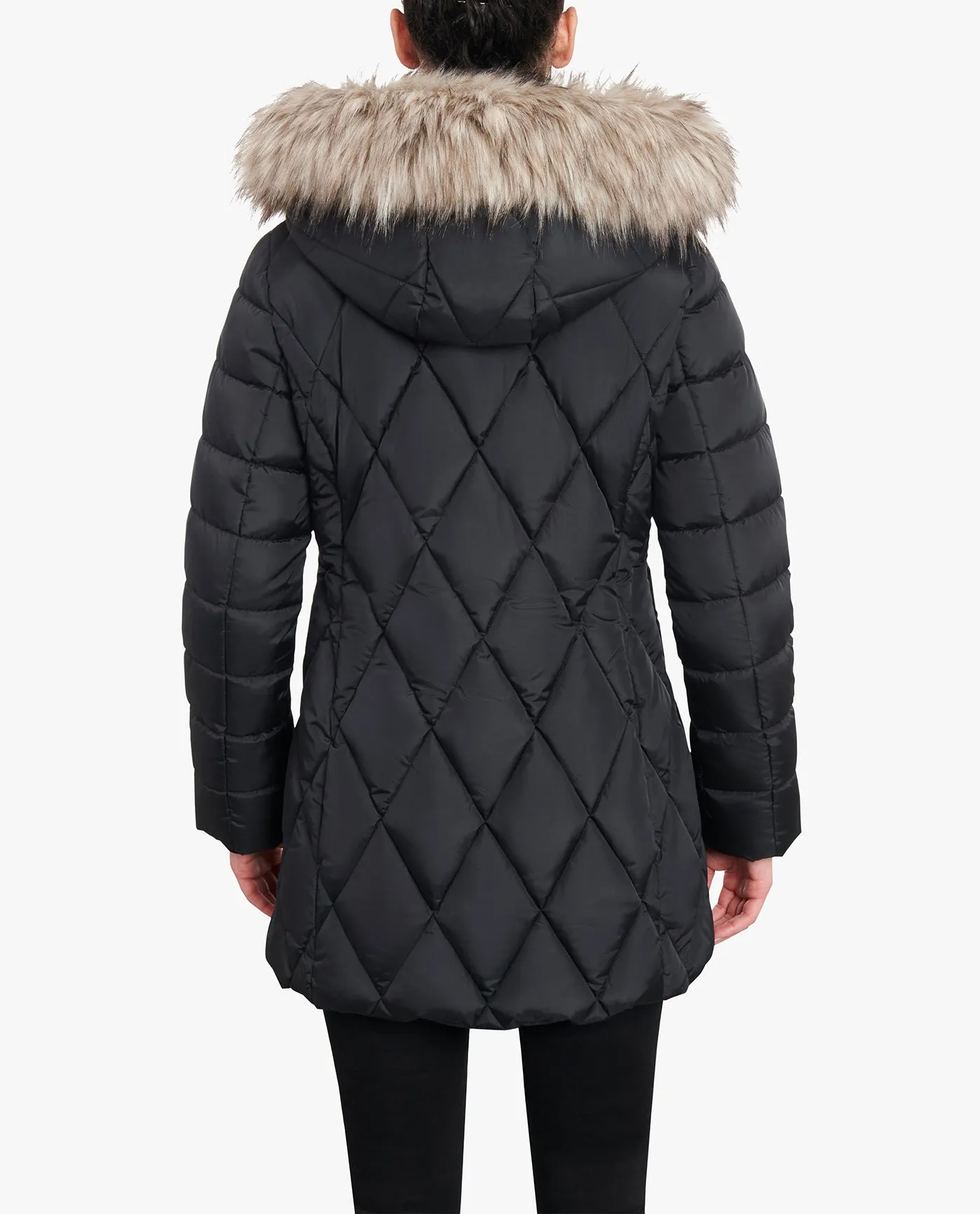 ZIP-FRONT DIAMOND QUILTED JACKET WITH ZIP-OFF FUR TRIM HOOD