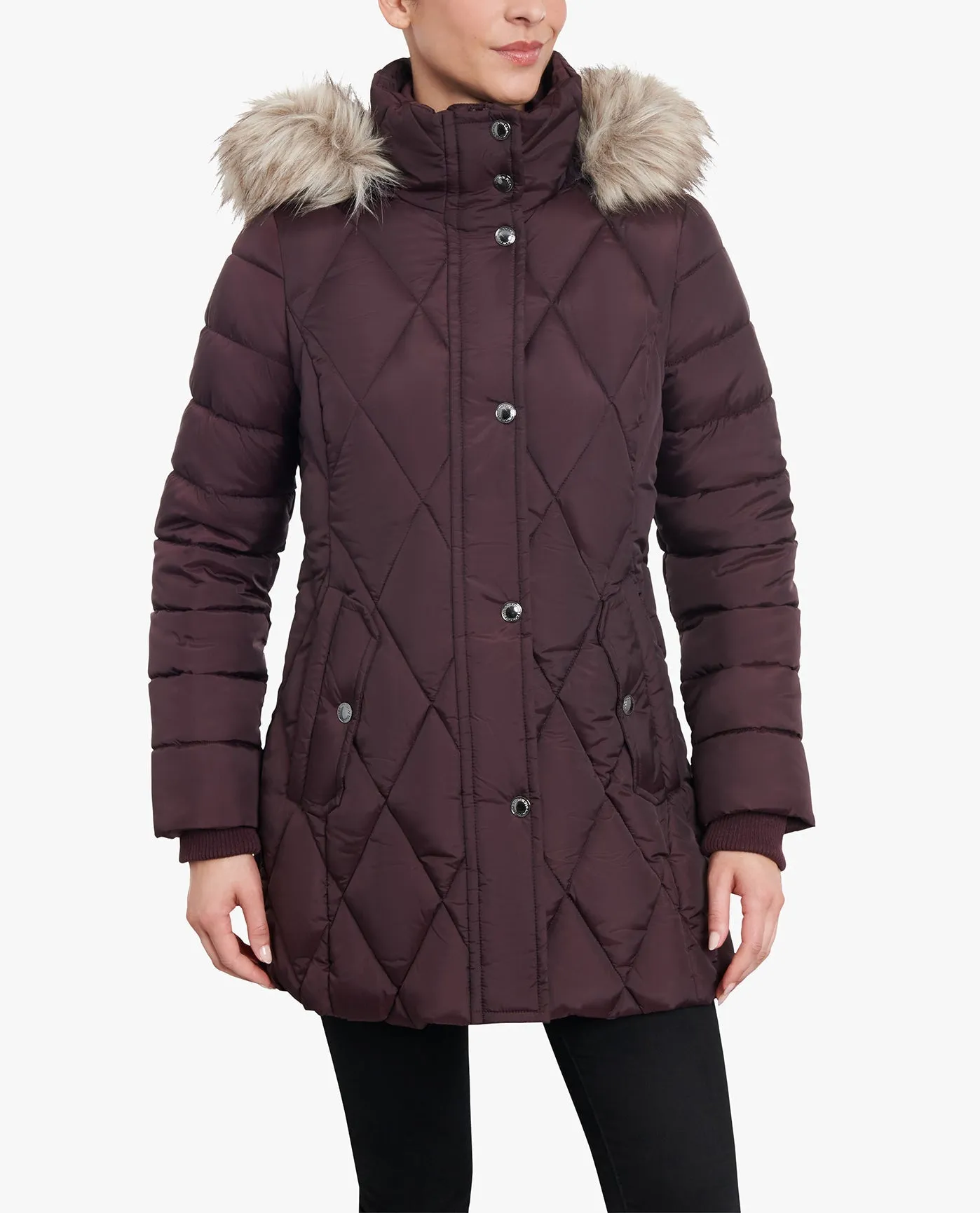 ZIP-FRONT DIAMOND QUILTED JACKET WITH ZIP-OFF FUR TRIM HOOD